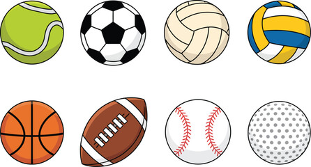 Set of various sports balls including basketball football soccer tennis volleyball baseball rugby golf and bowling icons collection 
