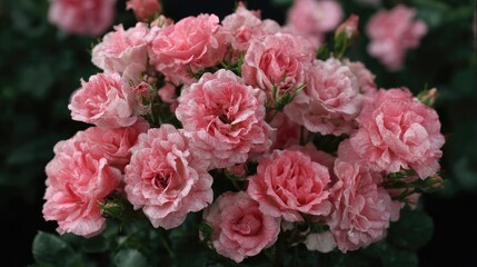 Close-up of a cluster of delicate, pink roses.