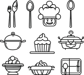 Black and white minimal line art icons of food and kitchen items. Include fork and spoon, chef hat, frying pan, cupcake, recipe book, soup bowl, and chopping board 6