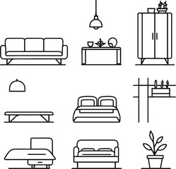 Minimal black and white home and furniture icon set in clean line art style. Include sofa, lamp, dining table, wardrobe, bed, shelf, and floor plant
