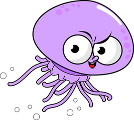 Cartoon jelly fish. Sea animal swimming in the sea. Funny angry medusa sting underwater. Vector Illustration