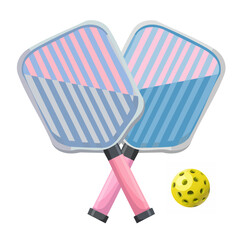 Pickleball blue and pink color line pattern pair paddles and yellow ball
