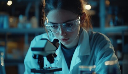 Young Female Scientist Observing Samples Under Microscope in Laboratory Setting, Engaged in Scientific Research and Discovery