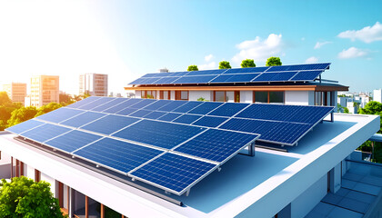Rooftop Solar Panels with City View.