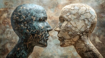 Two weathered stone heads exchanging thoughts