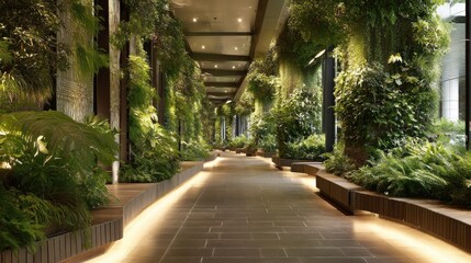 Obraz premium Serene Indoor Garden Pathway: A Tranquil Oasis of Lush Greenery and Soft Lighting