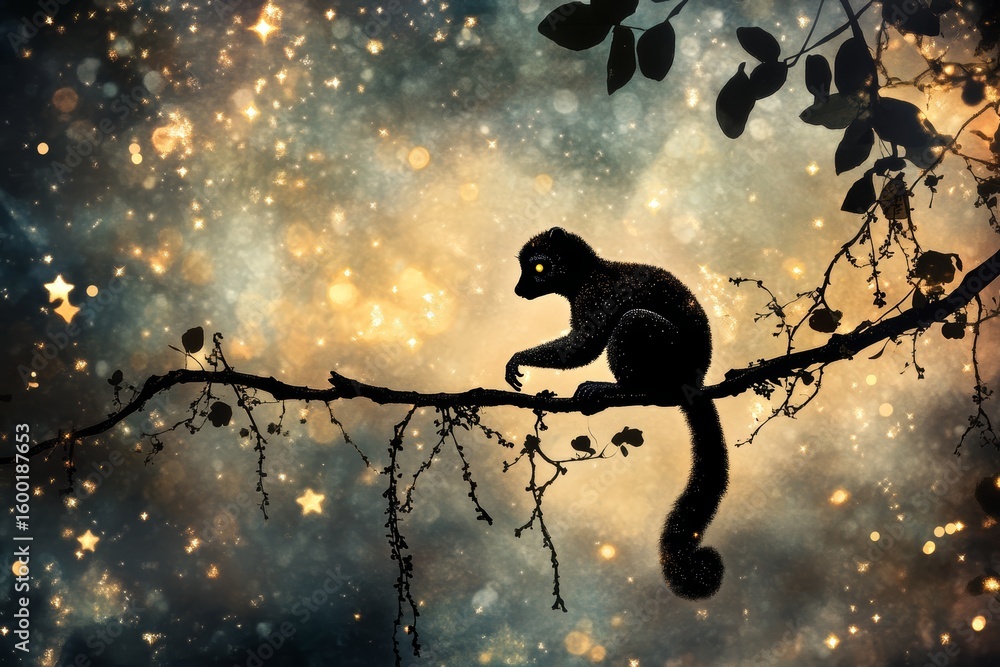 Poster a monkey is sitting on a branch in the middle of a starry sky. the image has a dreamy, whimsical fee