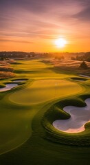 Beautiful aerial view of a golf course at golden sunset