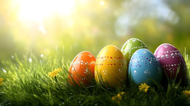 Vibrant decorated Easter eggs arranged on fresh green grass in bright sunlight, capturing the joyful ambiance of spring and Easter celebrations.