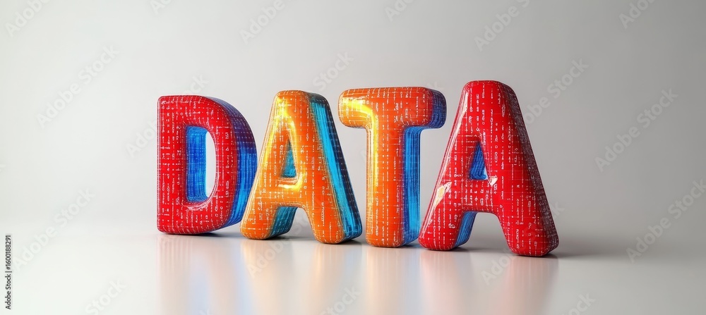 Poster vibrant digital data visualization featuring binary code forming the word data in a modern design