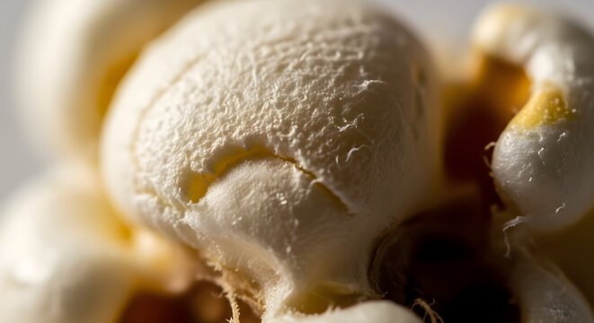 A close up shot of popcorn showing the texture and details of the popped kernel