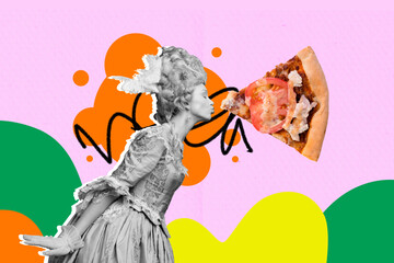 Trend design photo collage of aristocracy opulence corset wig fashion young woman kiss piece pizza...