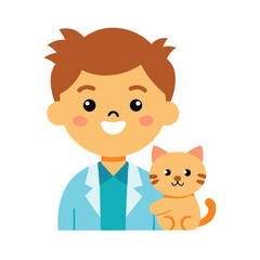 Cartoon Veterinarian Boy Holding A Kitten