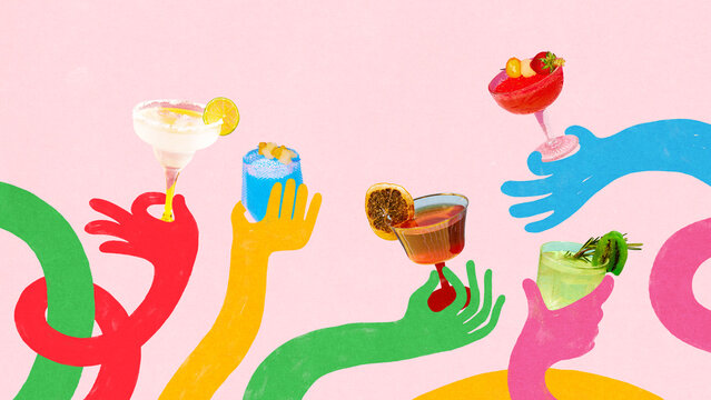 Bold colorful poster of five colorful hands holding summer cocktails with fruit garnish on pink background. Concept of mixology, celebration, bar menus, product ads, retro-style branding.