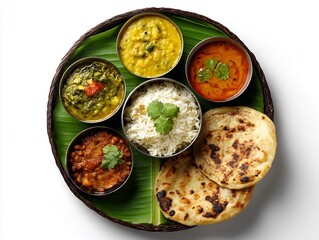 Top view of traditional Indian thali with naan rice dal sabzi and chutneys on a banana leaf vibrant colors authentic presentation isolated on white background