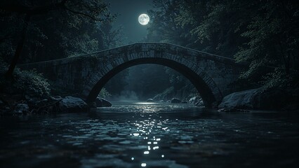 Cinematic night view of an old stone arch bridge crossing a quiet river, surrounded by dense forest and illuminated by a full moon. Mysterious, tranquil, and atmospheric mood.