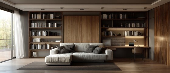 Contemporary home office with built-in shelving and a sectional sofa.