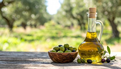 Fresh olives and olive oil in a glass bottle on a rustic wooden table in an olive grove, symbolizing natural and healthy Mediterranean ingredients.