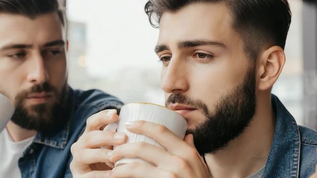 Three diverse young adults drinking coffee together in a casual setting