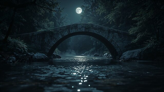 Cinematic night view of an old stone arch bridge crossing a quiet river, surrounded by dense forest and illuminated by a full moon. Mysterious, tranquil, and atmospheric mood. - Powered by Adobe