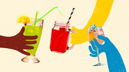 Collage of three hands holding vibrant drinks in tall glasses with straws and fruit slices. Concept...
