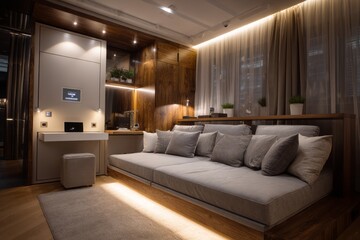 Modern, multi-functional room with a built-in sofa bed.
