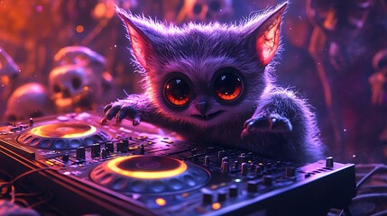 Adorable feline dj masterfully mixing tunes at a vibrant neon lit party