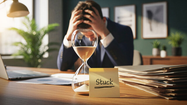Frustrated businessman with head in hands sitting at desk with hourglass in foreground, stack of paperwork next to note that reads stuck, time management and stress failure concept
