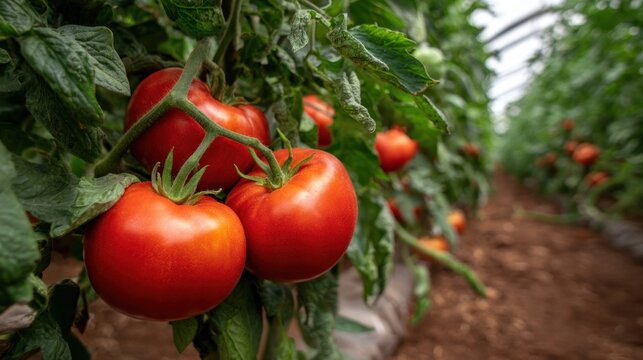 Ripe tomatoes hanging from plants in a greenhouse