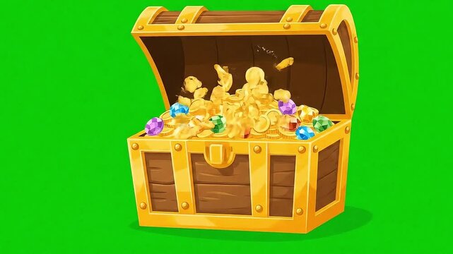 Cartoon Treasure Chest Opening and Golden coins - Isolated on Green Screen