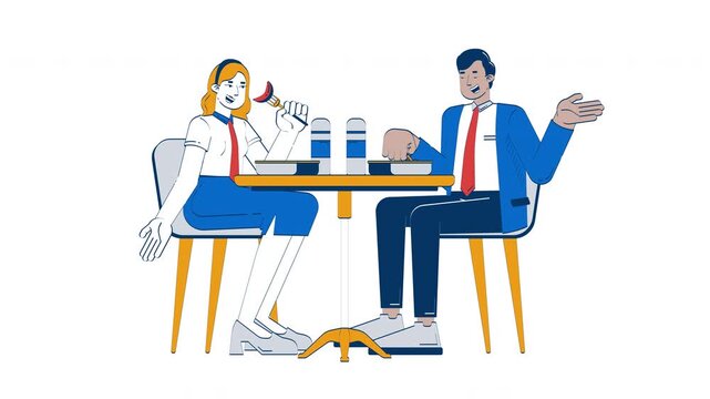 Diverse colleagues on lunch break together doodle cartoon animation. Canteen workplace lunchbreak breaktime. Team bonding animated 2D characters isolated on white background. 4K video motion graphic