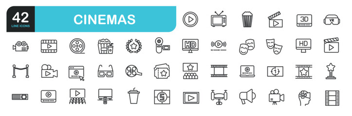 Set of line icons related to film, industry, theater, art, cinemas.  Outline icons collection. Editable stroke. Vector illustration