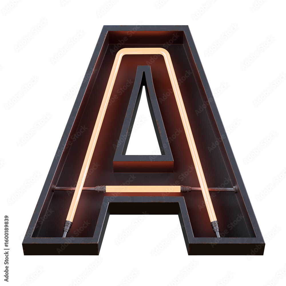 Poster bright neon font with fluorescent tubes.metallic futuristic cyberpunk alphabet. 3d rendering isolate