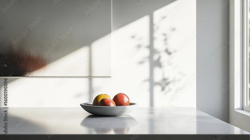 Poster bowl of fruit is on a table in front of a window