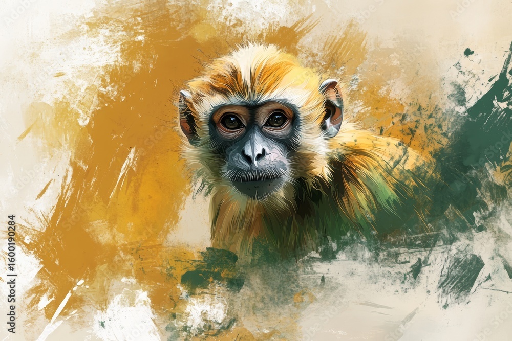 Poster a monkey is staring at the camera with a brush stroke background. the brush strokes give the image a