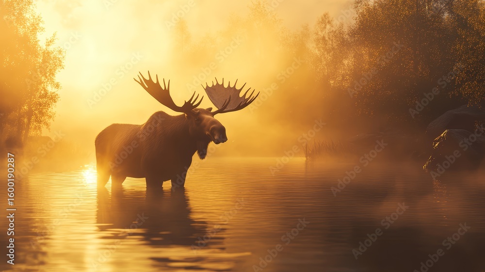 Poster a large moose stands in a river with the sun setting in the background. the scene is serene and peac