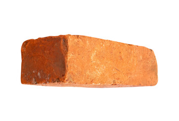 Side view of one cracked old red or orange brick isolated on white background with clipping path