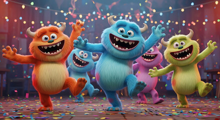 Four colorful, furry cartoon monsters dance joyfully at a monster mash. This vibrant and energetic party scene is filled with confetti and festive lights.