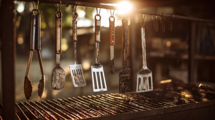 Outdoor grill utensils hanging