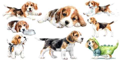  Watercolor drawing set of Beagle