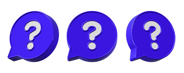 3D blue speech bubble icon with white question mark isolated on transparent background