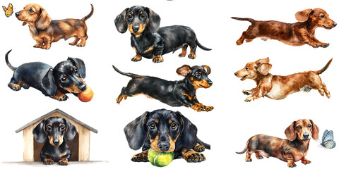  Watercolor drawing set of Dachshund