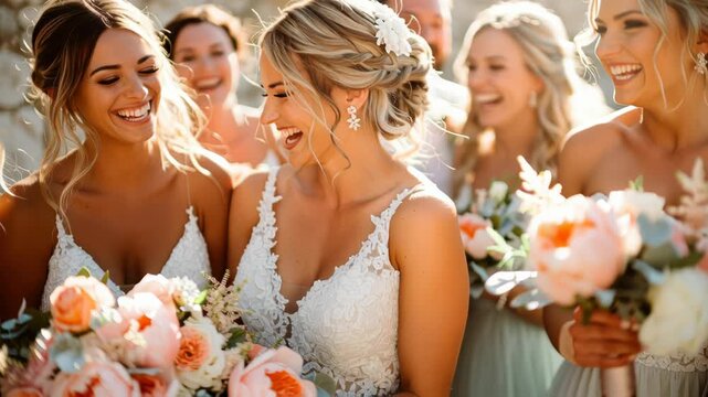 Candid moment of the bridal party laughing together, captured in vibrant sunlight, joyful and spontaneous wedding photography
