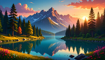 Sunset Mountain Lake Reflection.