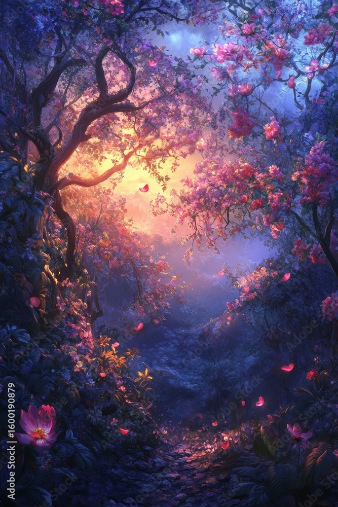 Aufkleber a forest scene with a tree in the foreground and a path leading through the trees. the sky is blue a