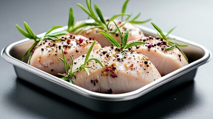 Fresh fish fillets are seasoned with herbs, ready for cooking in a stainless steel tray.