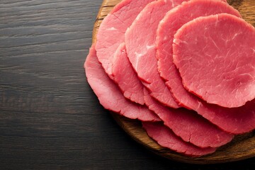 Freshly sliced meat arranged elegantly on a wooden platter ready for culinary preparation or serving.