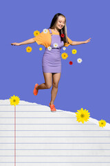 Artwork surreal collage of happy girl walk balance on paper sheets purple background flowers