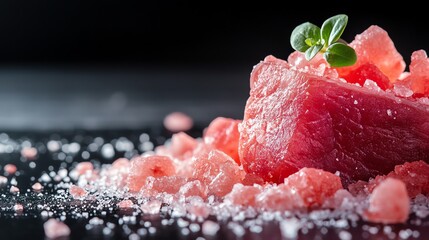 Fresh raw tuna steak garnished with herbs and a sprinkle of salt, ready for culinary delights in gourmet cuisine.