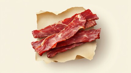 Freshly sliced cured beef strips displayed on parchment, perfect for culinary and food photography.